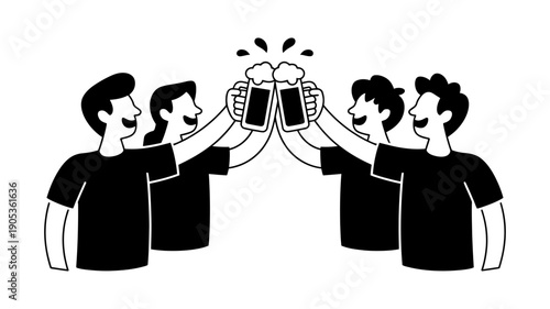 Four cheerful people enthusiastically toast with frothy beer mugs in a lively celebration.