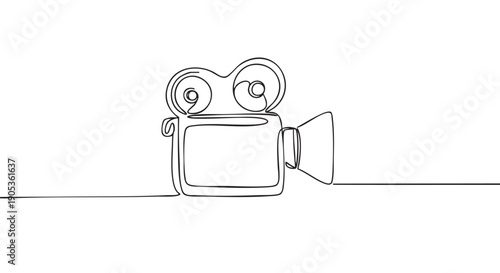 Vintage movie camera with two film reels drawn in a continuous single line, creating a minimalist black and white illustration symbolizing cinema, filmmaking, and entertainment