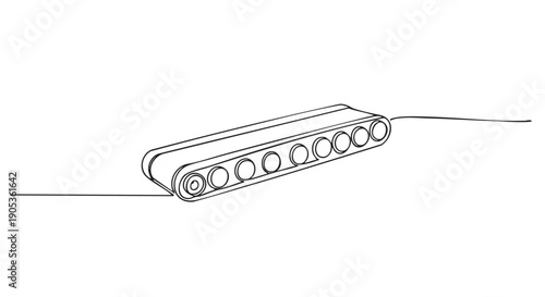 Continuous single line drawing of a conveyor belt with multiple rollers, depicted in a minimalist black and white style from an isometric perspective for a clean graphic look