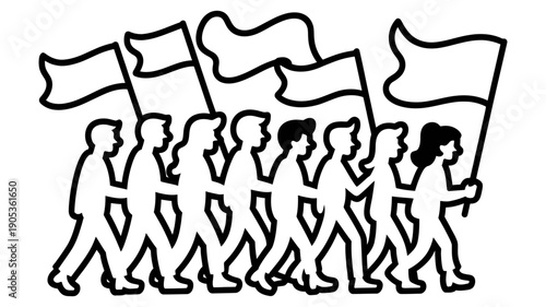 A diverse group of people marches forward together carrying flags in a united demonstration.