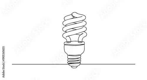 Compact fluorescent light bulb drawn in a continuous single line art style, representing energy saving, innovation, and creative ideas in a minimalist black and white illustration