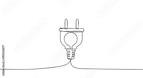 Electric plug with a light bulb drawn in a single continuous black line, a minimalist and conceptual illustration symbolizing electricity, innovation, connection, and sustainable energy