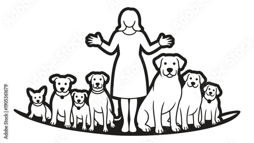 A happy woman stands proudly surrounded by a diverse group of beloved dogs of various sizes.