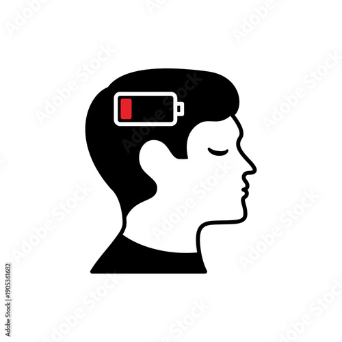Side Profile of a Man with Low Battery Symbol Representing Burnout and Exhaustion