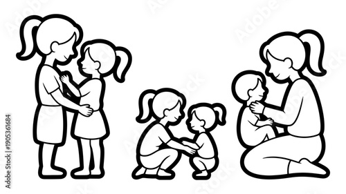 Illustrations depicting the loving stages of child care and growth from infancy to childhood.