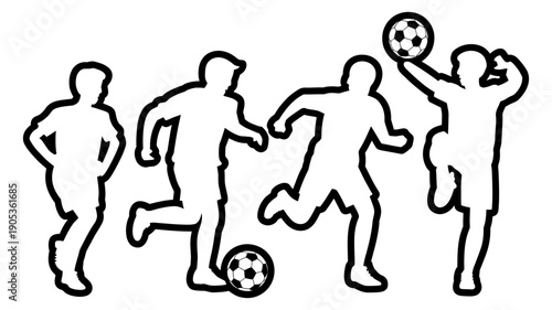 A group of dynamic soccer players is actively engaged in kicking and playing the ball.