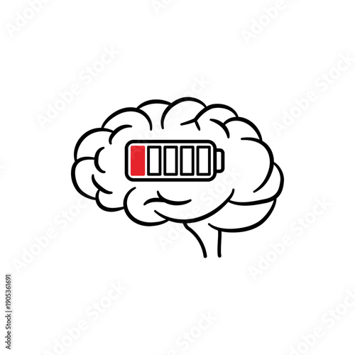 Human Brain Icon with Low Battery Level Indicator for Mental Fatigue Concept