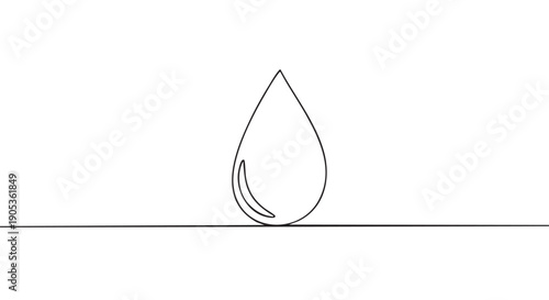 Single continuous line drawing of a water drop in a minimalist black and white style, representing purity, simplicity, and concepts of liquid, nature, and the environment