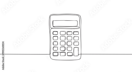 Calculator drawn in a single continuous line art style, representing finance, accounting, and mathematics with a clean, minimalist, and modern aesthetic on a surface