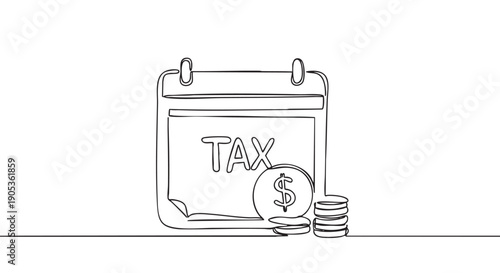 Single continuous line drawing of a tax calendar with a dollar sign coin and a stack of money representing a financial deadline for payment, accounting, and budgeting