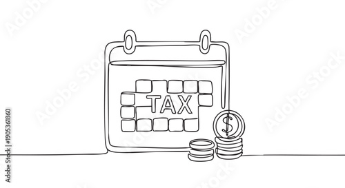 Tax payment calendar and money drawn in a single continuous line art style, illustrating financial deadlines, accounting obligations, and the concept of annual fiscal reporting