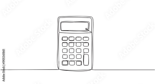 Single continuous line drawing of an electronic calculator in a minimalist style, representing finance, accounting, and mathematics in a simple hand-drawn illustration