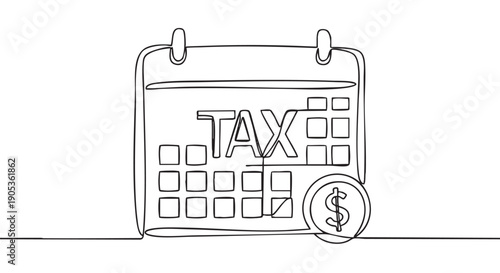 Continuous line drawing of a tax calendar with a dollar coin symbolizes the deadline for financial payment and accounting obligations in a minimalist black and white illustrative style