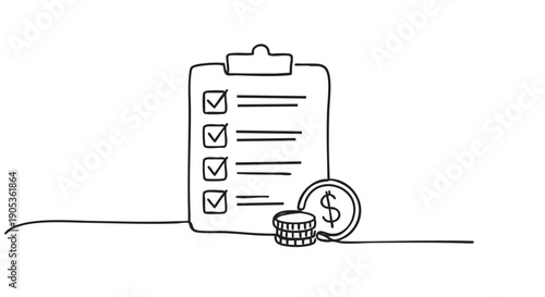 Hand-drawn clipboard with a completed checklist and a stack of dollar coins in a minimalist continuous line art style, representing budgeting, financial planning, and expense management