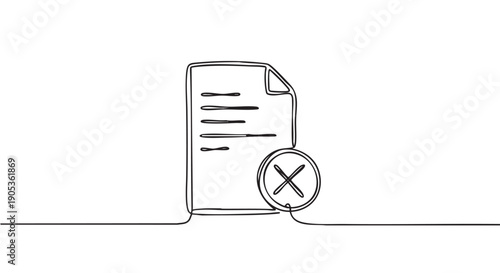 Continuous one line drawing of a rejected document with a cross mark symbol representing failure, error, or cancellation in a minimalist doodle style illustration