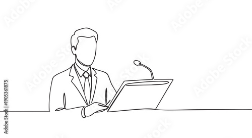 Continuous single line drawing of a speaker giving a speech at a lectern with a microphone during a business conference or seminar, rendered in a minimalist black and white style