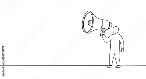 Single continuous line drawing of a person holding a megaphone to make an important announcement or protest, representing communication, leadership, and public speaking in a minimalist style