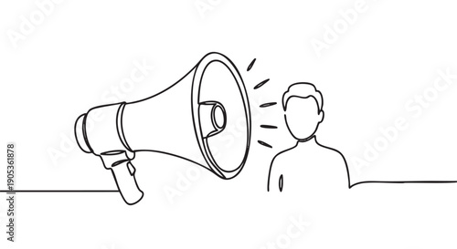Continuous one line drawing of a megaphone shouting at a person, representing a concept of announcement, marketing, or public speaking in a minimalist black and white sketch style