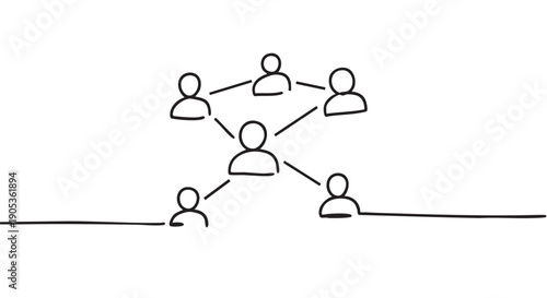 Hand drawn black line art people icons connected in a social network structure, a minimalist doodle illustration representing teamwork, community, and organizational hierarchy