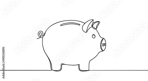 Simple piggy bank illustration created with one continuous black line symbolizes finance, investment, and personal savings in a clean and minimalist graphic style