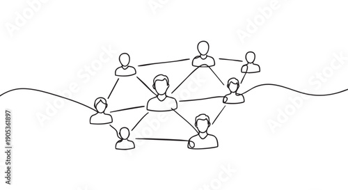 Continuous single line drawing of people icons connected in a network structure representing community, teamwork, and social connection in a minimalist doodle style
