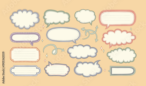 Assortment of Hand Drawn Speech Bubbles and Decorative Shapes in Pastel Tones on Peach Background