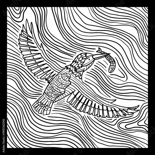 Tribal Line Art Illustration of a Kingfisher Bird Catching a Fish