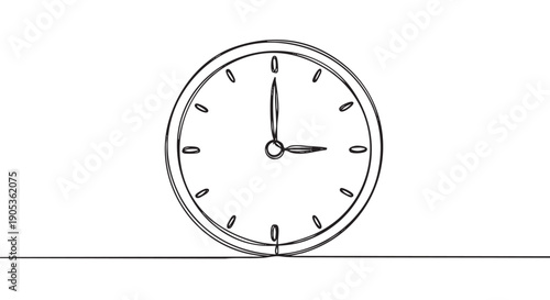 Continuous one line drawing of a clock showing three o'clock in a minimalist hand-drawn sketch style, representing time management, deadlines, and scheduling concepts