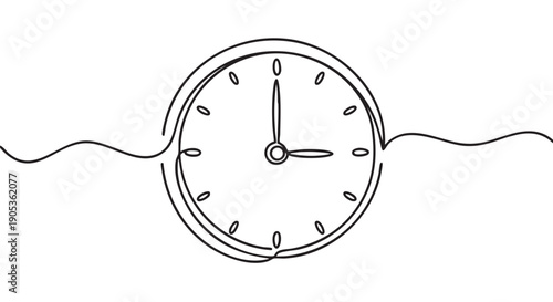 Minimalist black clock drawn with a single continuous line showing the time as three o'clock, a simple and elegant sketch for concepts of time management and punctuality