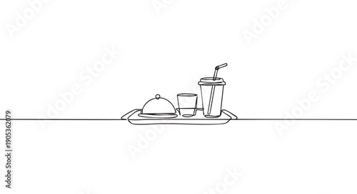 Continuous single line drawing of a food tray with a cloche, glass, and disposable cup with a straw, rendered in a minimalist black and white graphic illustration style