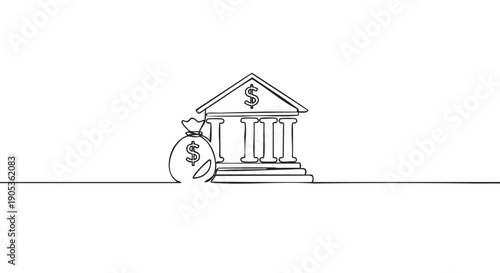 Continuous one line drawing of a bank building and money bag with dollar signs, symbolizing finance, investment, and economic stability in a minimalist black and white sketch