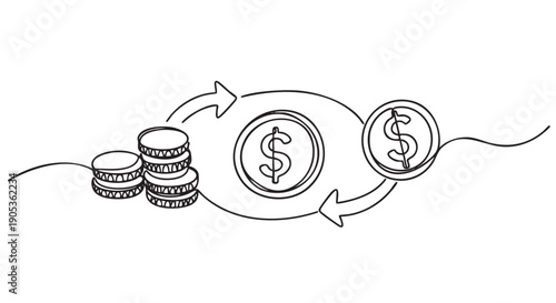 Continuous one line drawing of money exchange with dollar coins and stacks of cash showing a financial transaction or currency conversion cycle in a minimalist doodle style