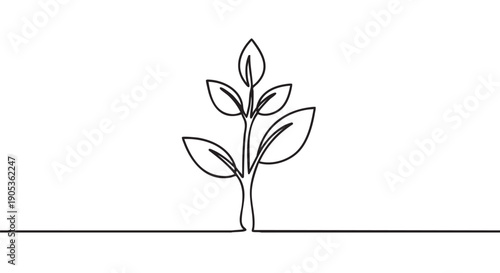 Small plant sprout drawn with one continuous black line, a minimalist illustration symbolizing growth, ecology, and a new beginning