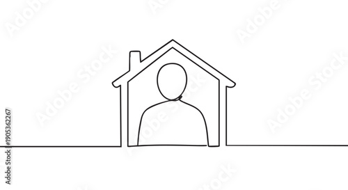 Continuous one line drawing of a person inside a house outline representing the concept of home ownership, safety, and real estate in a minimalist black and white vector style
