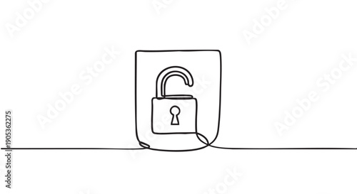 Unlocked padlock inside a shield drawn with a single continuous line, a minimalist black and white icon representing cybersecurity, safety, access, and protection