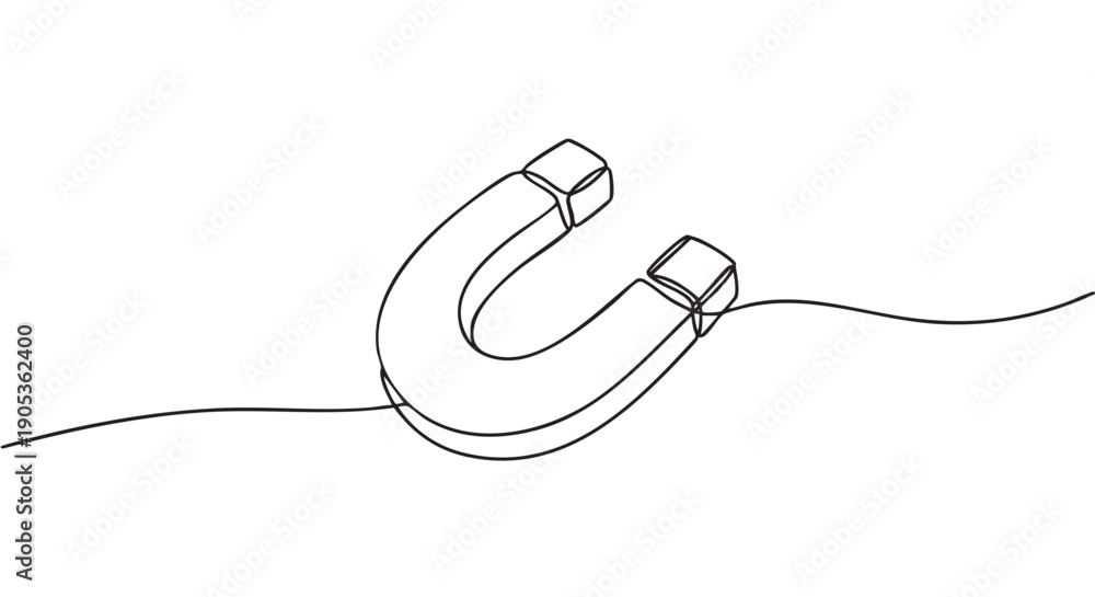 Obraz premium Horseshoe magnet illustrated with one continuous black line in a minimalist and modern contour drawing style, symbolizing attraction and magnetic fields