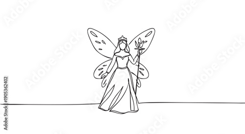 Beautiful fairy queen with wings and a crown, holding a magic wand, is drawn in a continuous single line style, creating an elegant and minimalist fantasy illustration