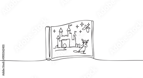 Open storybook with a continuous line drawing of a magical fairytale scene with a castle, skating reindeer, and stars, representing imagination and storytelling