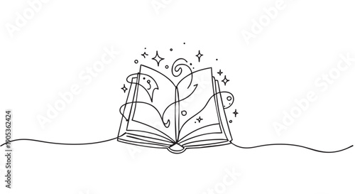 Magical open book drawn in a continuous single line style with stars and swirls emerging from the pages, representing imagination, storytelling, and fantasy concepts
