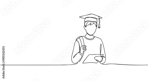 Continuous line drawing of a graduate student wearing a mortarboard cap and holding a tablet while carrying a backpack, rendered in a minimalist black and white illustrative style