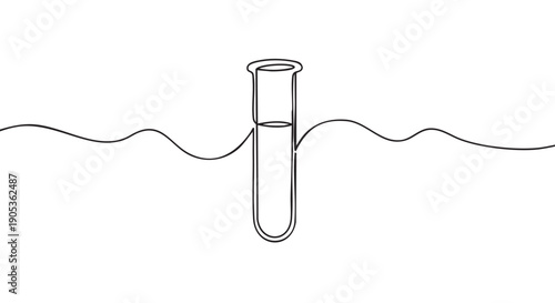 Laboratory test tube with liquid inside drawn in a continuous single line art style, representing science, research, and chemical experiments in a minimalist black and white illustration