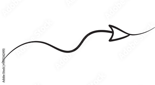 Hand-drawn black wavy arrow pointing right with a curved, sinuous line, representing direction, movement, and guidance in a minimalist, sketchy, and simple artistic style