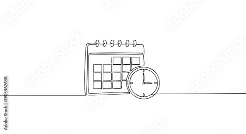 Continuous one line drawing of a calendar and clock symbolizing time management, scheduling, and planning in a minimalist black and white artistic style for business concepts