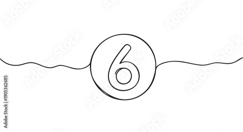Number six in a circle drawn with a single continuous black line in a minimalist doodle style, creating a simple and elegant hand-drawn illustration for various concepts