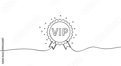 VIP award medal with ribbons drawn in a single continuous black line, a minimalist sketch illustration symbolizing exclusivity, importance, and premium status