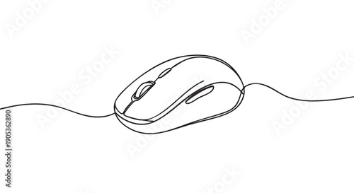 Computer mouse drawn in a continuous single line art style, featuring a minimalist black outline sketch that illustrates modern technology and office equipment concepts