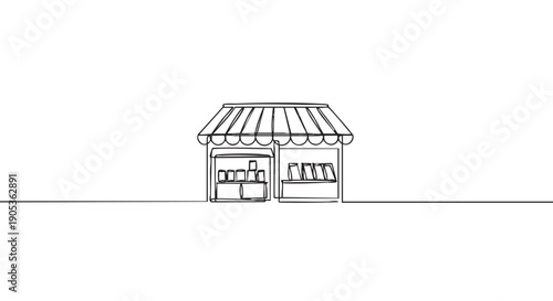 Small shop storefront drawn in a continuous single line art style, featuring a striped awning and products on display in a minimalist black and white hand-drawn illustration