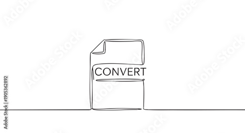 Continuous single line drawing of a file icon with the word convert, representing data transformation and document processing in a minimalist black and white artistic style