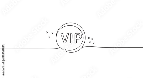 VIP icon drawn in a single continuous line style, a minimalist black and white sketch representing exclusivity, importance, and premium membership status with sparkle details