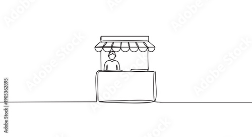 Continuous single line drawing of a market stall with a vendor standing behind the counter under a striped awning, illustrating a small local business with minimalist artwork